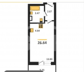 1-комн, 26.64 кв м, этаж 4/16 Гвардейский переулок, 21