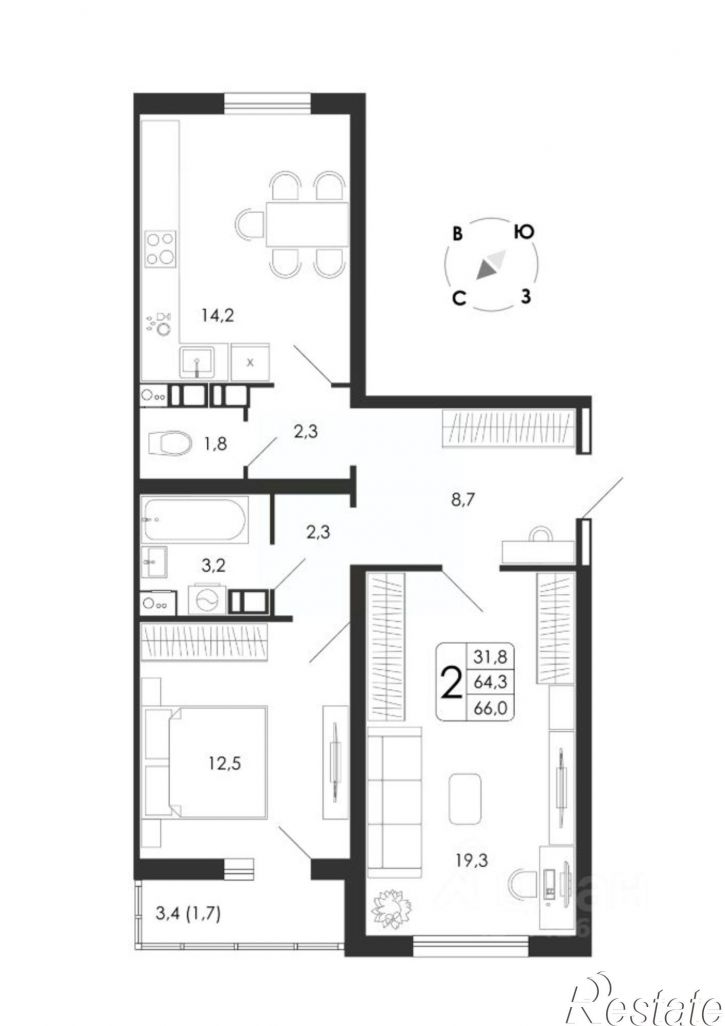 2-комн квартира в новом доме Рамонский район, село Ямное