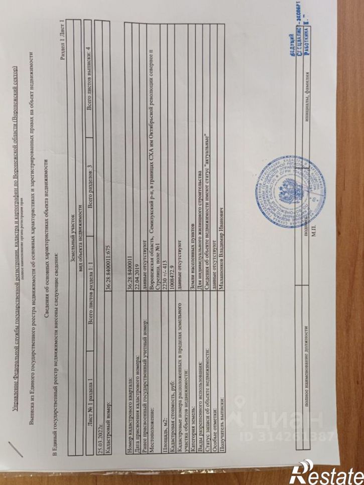 Земельный участок Семилукский район